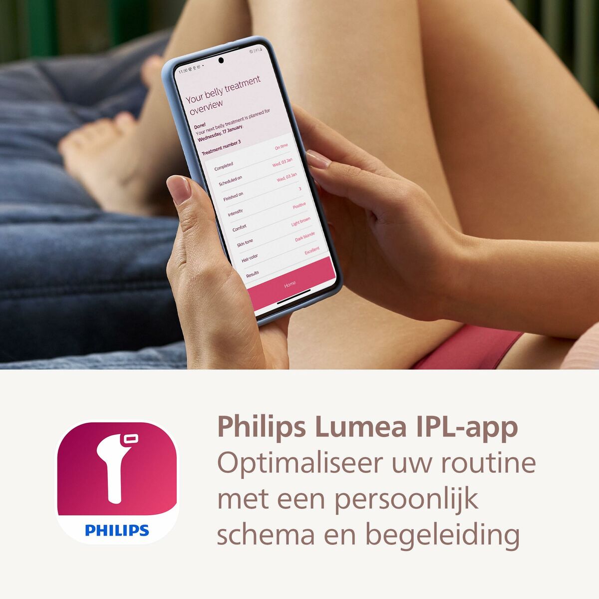 Interface de l'application Philips Lumea IPL affichant un schéma de traitement personnel pour l'épilation.