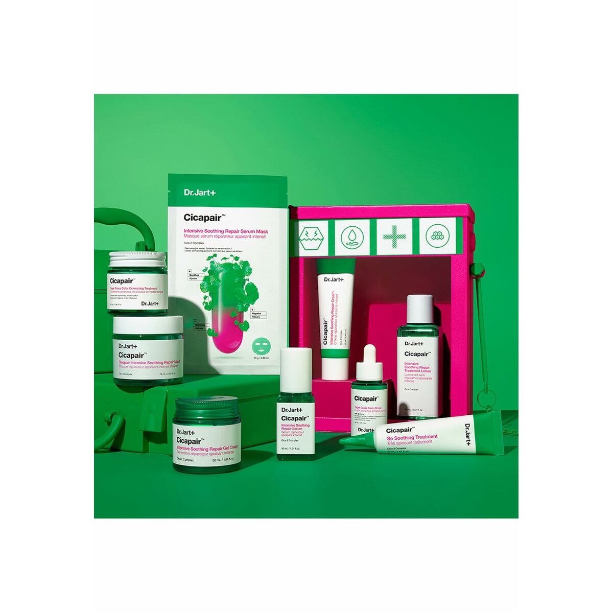 Image of DR.JART+ Cicapair skincare products for sensitive skin on a green background.