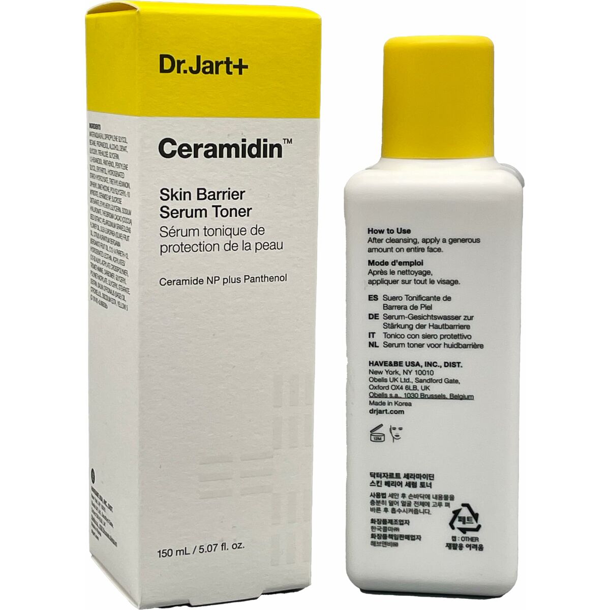 Peignoir de bain DR.JART+ CERAMIDIN 150 ml avec flacon et boîte, sérum tonique pour peau sèche, sans parabènes.