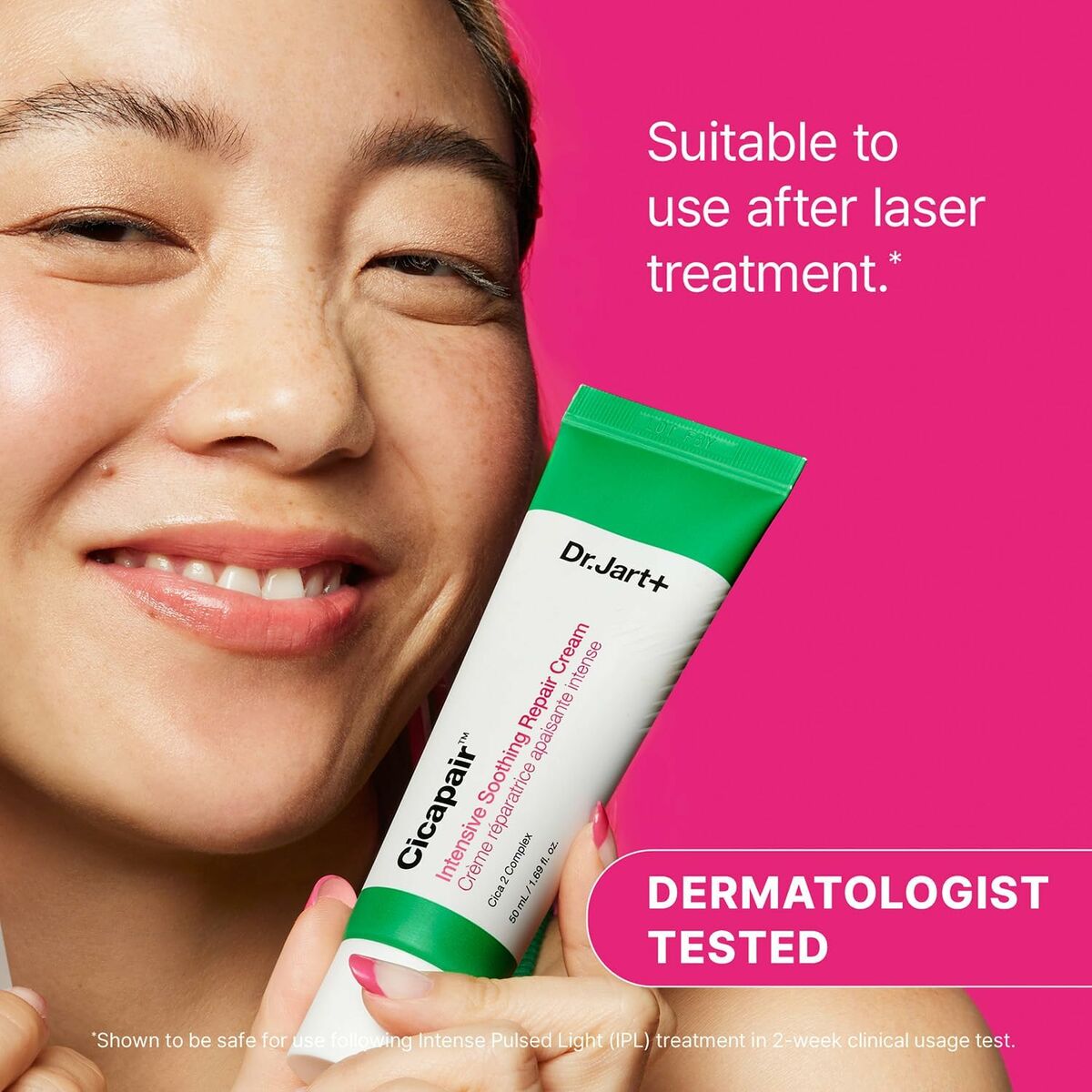 Dr.Jart+ CicaPair 50ml cream in use, suitable for sensitive skin, dermatologically tested after laser treatment.