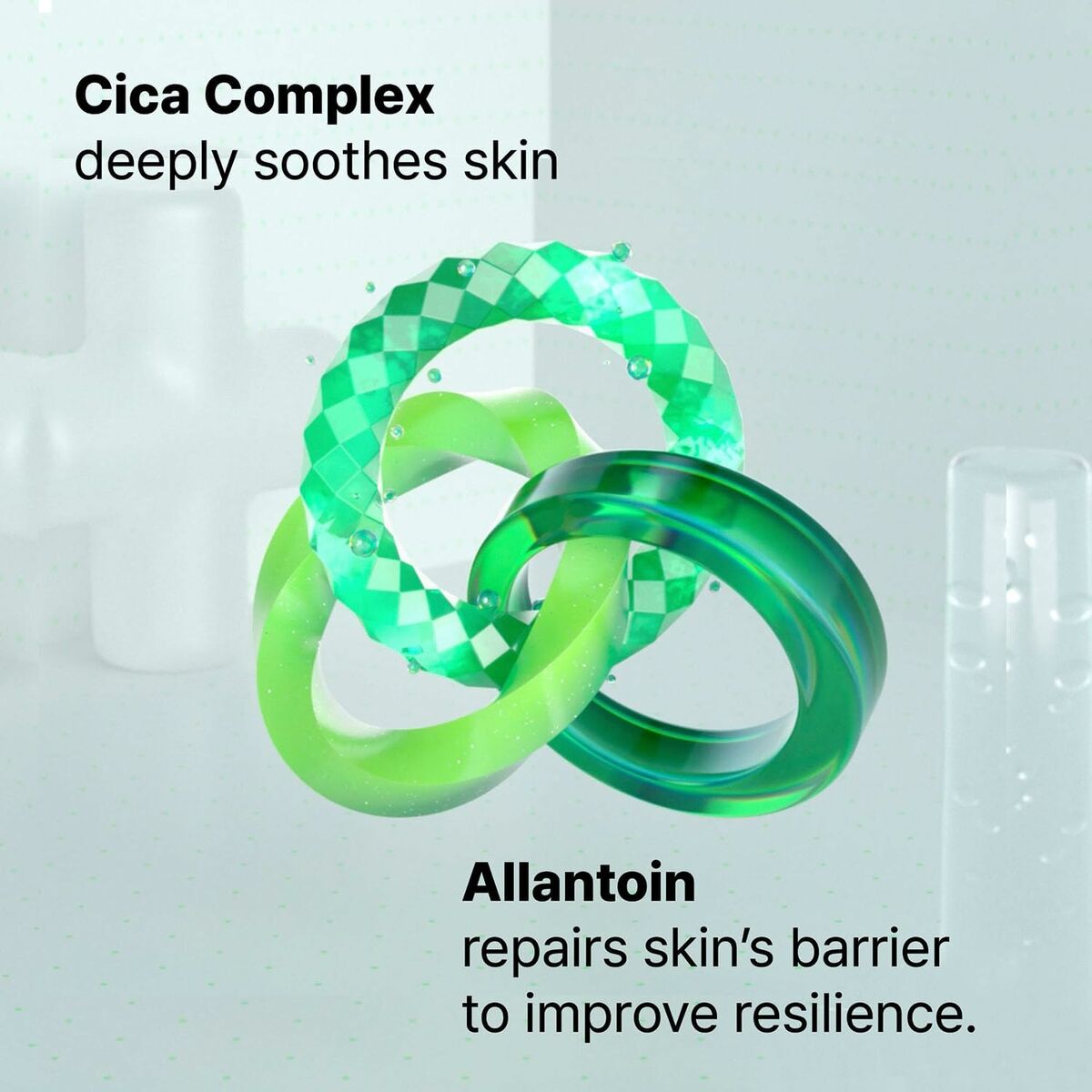 Cica Complex and Allantoin in rings, showcasing skin-soothing and barrier-repairing properties for sensitive skin.