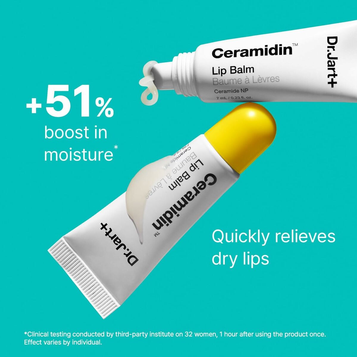 Dr.Jart+ Ceramidin Lip Balm packaging showcasing a +51% moisture boost and dry lip relief benefits.