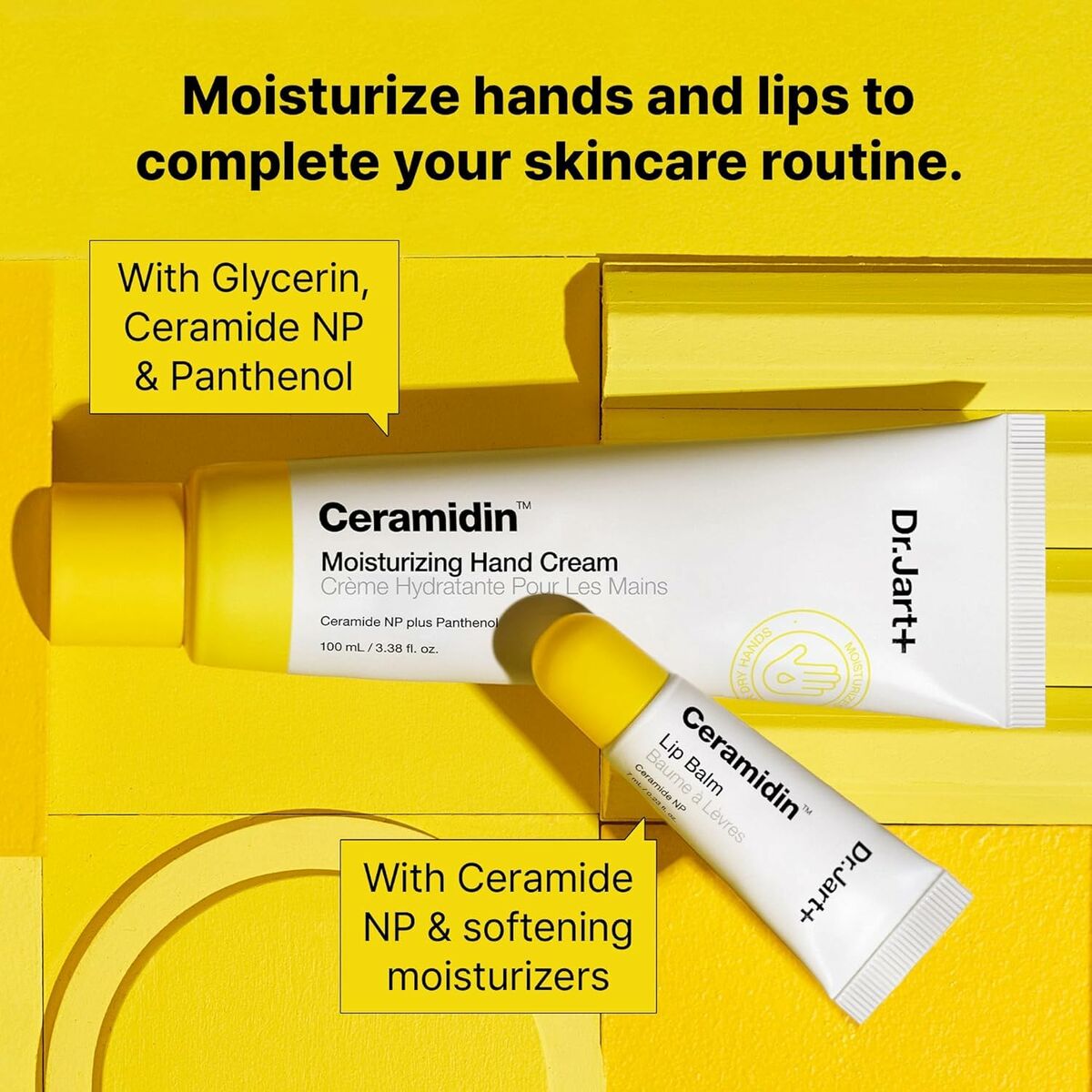 DR.JART+ Ceramidin hand cream and lip balm for effective moisturizing with Glycerin and Ceramide NP.