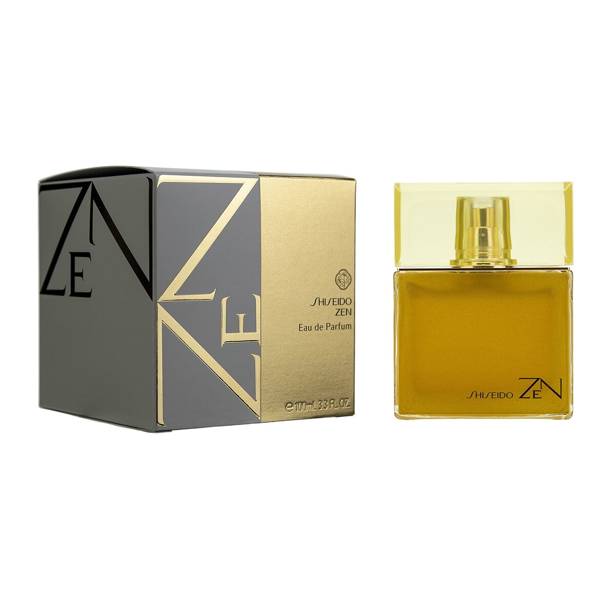 Shiseido Zen Eau de Parfum bottle and box, showcasing its elegant design and golden hue.