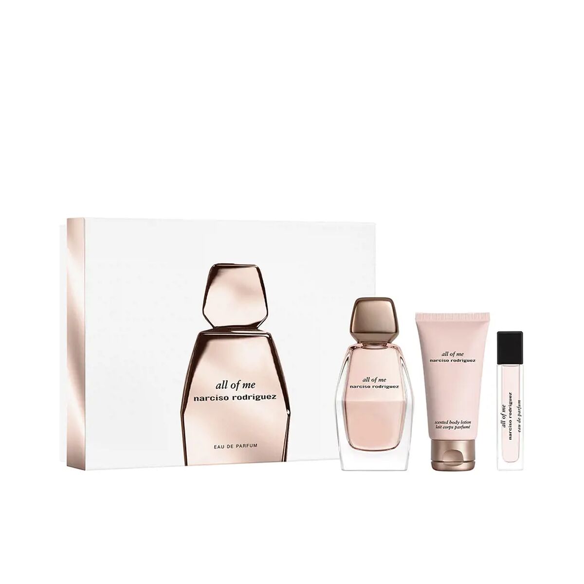 Set de Parfum Femme Narciso Rodriguez All Of Me with 90ml Eau de Parfum, 50ml lotion, and travel size. Vegan and eco-friendly gift.