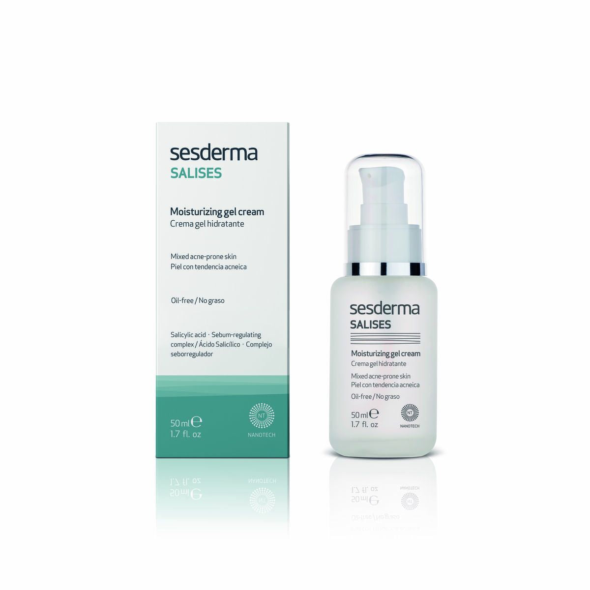 Sesderma Salises moisturizing gel cream for mixed acne-prone skin, 50 ml bottle and packaging.